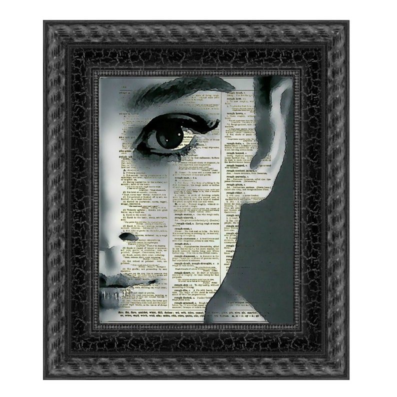 Audrey Hepburn Print On An Antique Dictionary Page, Dark Portrait Wall Decor, Goth Audrey Poster, Sustainable Wall Art, Dark Aesthetic 