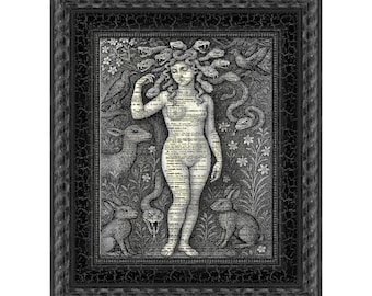 Medusa Art Print: Gothic Mythology on Antique Dictionary Page