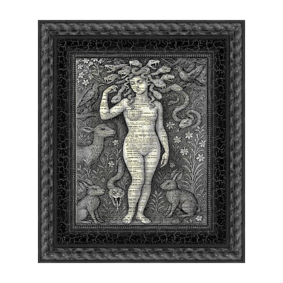 Medusa Art Print: Gothic Mythology on Antique Dictionary Page
