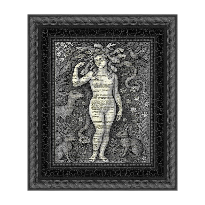 May include: Black framed art print featuring a Medusa illustration. The artwork depicts a nude woman with snakes for hair, surrounded by animals and flowers. The image is a black and white print with text overlay.