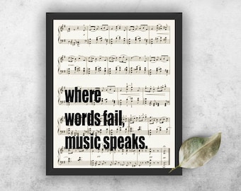 Where Words Fail Music Speaks Hans Christian Andersen Quote on Antique Sheet Music Teacher Gift Wall Decor Musician Gift ClassroomDecor