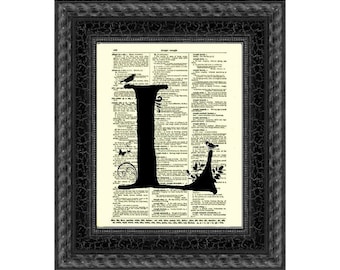 Letter L Modern Monogram on an 1897 Dictionary Page Art Print, Monogram Wall Decor, Valentine Collage