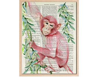 Pink Monkey Wall Art Printed On A 125 Year Old Dictionary Page, Dorm Room Decor, Kawaii Room Decor, Baby Girl Shower, Bookish Gift, Playroom