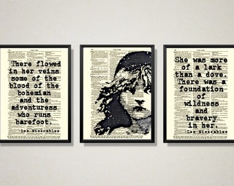 Les Miserables Art Printed On Antique Dictionary Pages, Art Prints Of Victor Hugo's Cosette Print Trio, Literary & Broadway Classroom Decor