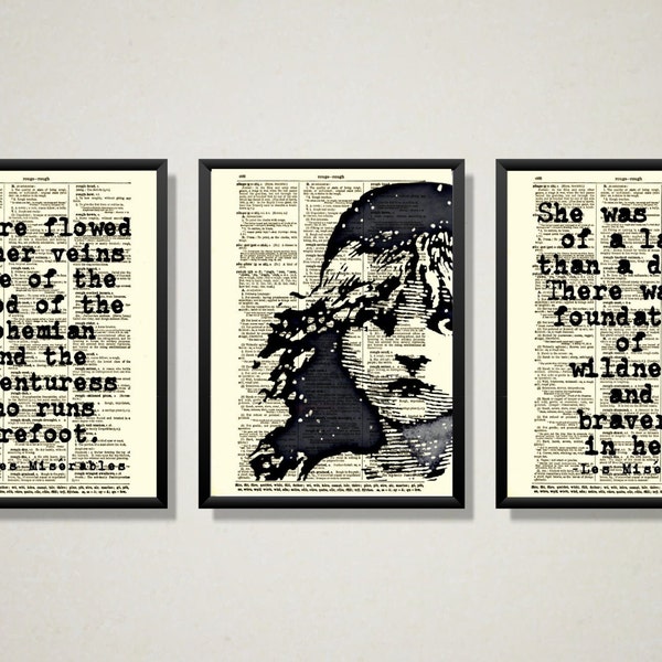 Les Miserables Art Printed On Antique Dictionary Pages, Art Prints Of Victor Hugo's Cosette Print Trio, Literary & Broadway Classroom Decor