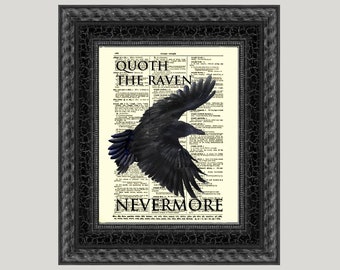 Quoth The Raven Nevermore, Poe Quote Printed On A 125+ Year Old Antique Dictionary Page Dark Academia Art, Victorian Gothic, Edgar Allan Poe