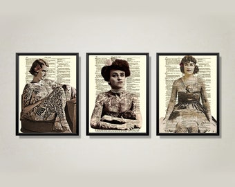 Tattooed Women Trio Printed On Antique 125+ Year Old Dictionary Pages, Vintage Ladies With Tattoos, Dark Academia Gothic Wall Decor