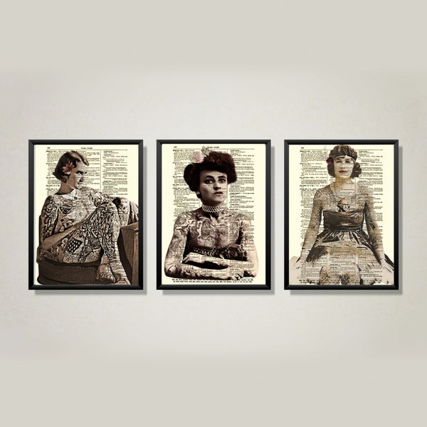 Tattooed Women Trio Printed On Antique 125+ Year Old Dictionary Pages, Vintage Ladies With Tattoos, Dark Academia Gothic Wall Decor