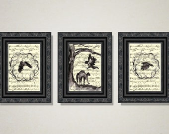 Spooky Ravens & Black Cat Printed On Upcycled Antique Music Pages, Macabre Victorian Gothic, Halloween Haunted Mansion Art Set, Memento Mori