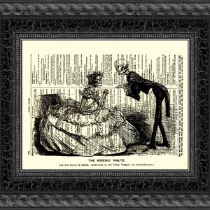 The Arsenic Waltz Skeleton Couple Printed On Antique Dictionary Page, Victorian Gothic, Memento Mori, Spooky Halloween Decor, Dark Academia
