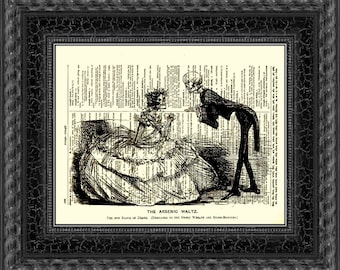 Puede incluir: Una ilustración en blanco y negro de un esqueleto con esmoquin bailando con una mujer con un vestido largo. El texto "The Arsenic Waltz" está impreso debajo de la imagen.