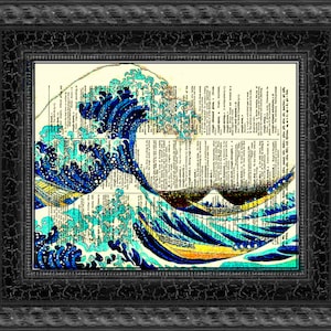 The Great Wave Off Kanagawa Printed On An Antique Dictionary Page Over 125+ Years Old Art Print Nautical Wall Decor