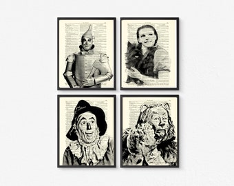 125+ Year Old Antique Dictionary Pages With Wizard Of Oz Portraits, 4 Set, Dorothy & Toto, The Tin Man, Cowardly Lion, Scarecrow, Halloween