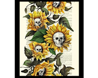 Skulls And Sunflowers Printed On Antique 125+ Year Old Dictionary Pages, Moody Cottagecore, Dark Academia Gothic Home Decor, Halloween Art