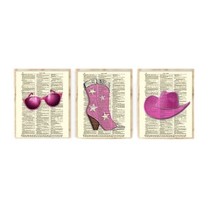 Retro Pink Girly Artwork Printed On 125+ Year Old Dictionary Pages, Dorm Room Gallery Wall Set Of 3, Boot, Cowboy Hat & Sunglasses Art Gift