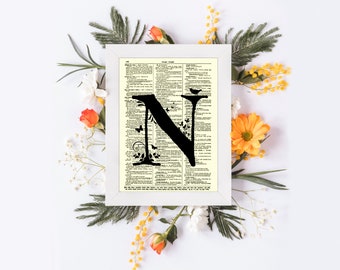 Letter N Modern Monogram Printed On An Antique Dictionary Page