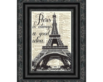 Audrey Hepburn Paris Print: Eiffel Tower on Antique Dictionary Page