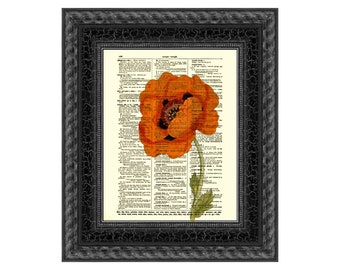 Red Poppy Print on Antique Dictionary Page: Botanical Wall Art