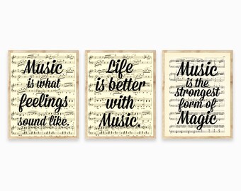 Music Quote Trio Printed On Antique 110+ Year Old Music Pages, Gifts For Musicians, Music Teachers, Music Lovers, 3 Print Set Statement Wall