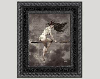 Flying Witch Print: Dark Academia Art on 1897 Dictionary Page