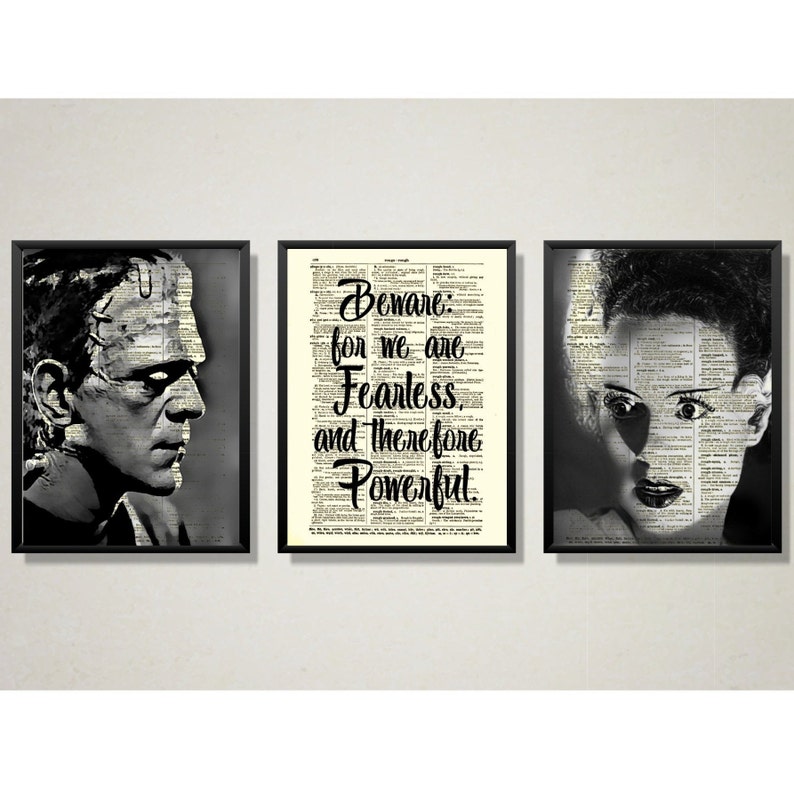 Frankenstein's Monster & Bride With Quote On Upcycled Antique Dictionary Pages, Gothic Home Decor, Dark Academia Print, Halloween Decor 