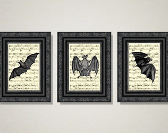 Black Bat Trio Printed On Antique Music Pages, Gothic Vintage Bat Illustrations, Dark Home Decor, Gothic Bedroom Art, Halloween Wall Decor