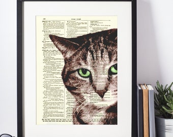 Sly Cat Printed on Antique 1897 Dictionary Page, Tabby Cat, Unique Art For The Cat Lover, Light Academia, Library Decor, Book Lover Gift