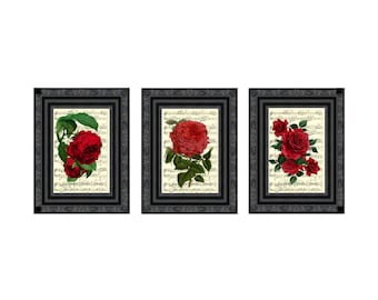 Dark Red Roses Printed On Upcycled 110+ Year Old Music Pages, Victorian Goth, Botanical Art Decor Print Set, Memento Mori Print, Gothic Art