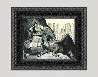 A Witchy Woman & Her Dragon, Illustration Printed On An Antique 125+ Year Old Dictionary Page, Fantasy Artwork, Fairy Tale Wall Decor