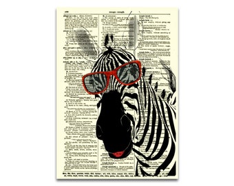 Funny Zebra Art Printed On An Antique Dictionary Page, Upcycled Book Art, Funny Office Or Kids Room Decor