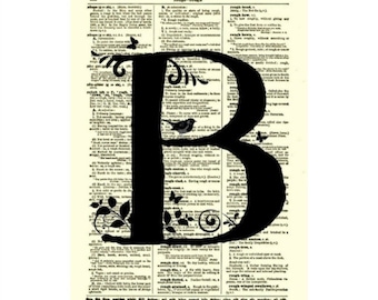 Letter B Monogram With A Modern Twist Printed On A Dictionary Page From 1897, Art Print, Monogram Wall Decor, Wedding Decor, Hostess Gift