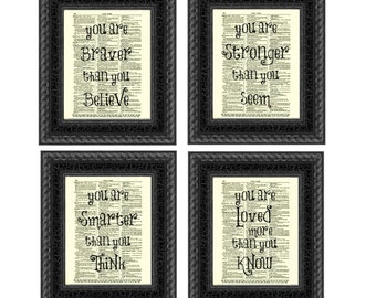 You Are Braver Than You Believe Winnie The Pooh Quote Dictionary Print Set of Four On Upcycled 1897 Dictionary Page Wall Decor Dorm Decor