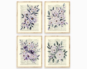 125+ Year Old Upcycled Antique Dictionary Pages Printed With Lilac Colored Flowers, Victorian Gothic, Cottagecore, Whimsy Goth Etheral Decor