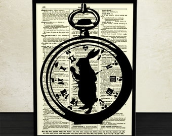 Alice in Wonderland White Rabbit, I'm Late Pocket Watch Print On An Antique 125+ Year Old Dictionary Page, White Rabbit Art, Dark Academia