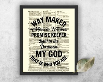 Way Maker Miracle Worker Printed On A 125+ Year Old Antique Dictionary Page Inspirational Christian Wall Decor, Motivational Religious Print