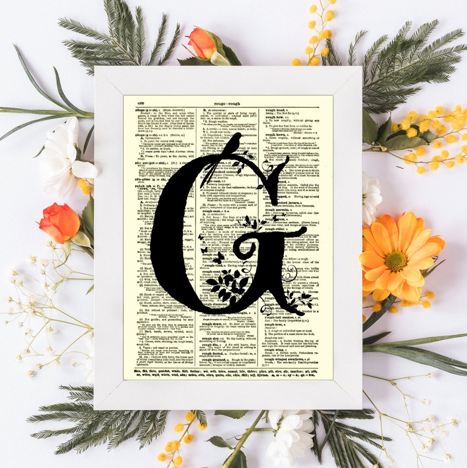 Letter G Modern Monogram on an 1897 Dictionary Page Art Print, Monogram ...