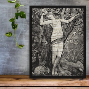 Eve in the Garden of Eden Print On An Upcycled 125+ Year Old Antique Dictionary Page, Dark Academia Aesthetic, Victorian Gothic, Art Nouveau