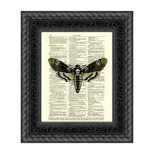 A Death Head Moth Printed On A 125+ Year Old Dictionary Page, Gothic Home Decor, Witchy Wall Art, Moody Cottagecore Aesthetic, Dark Academia