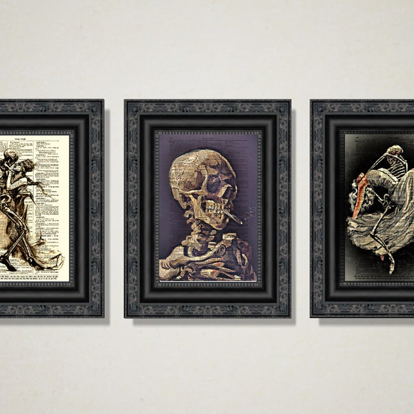 Skeleton Trio Printed On Antique 125+ Year Old Dictionary Pages, Smoking Skeleton, Arsenic Waltz, Halloween Decor Dark Academia Gothic Decor