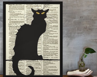 Le Chat Noir Printed On A 125+ Year Old Dictionary Page, French Decor, Upcycled Book Art, Black Cat Decor, Dark Academia, Gothic Wall Art