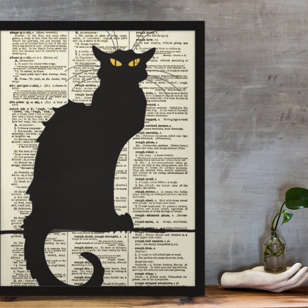 Le Chat Noir Printed On A 125+ Year Old Dictionary Page, French Decor, Upcycled Book Art, Black Cat Decor, Dark Academia, Gothic Wall Art