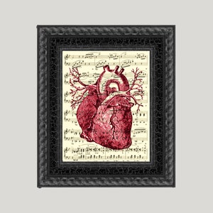 Red Heart Music Page Art Print: Upcycled Gothic Home Decor
