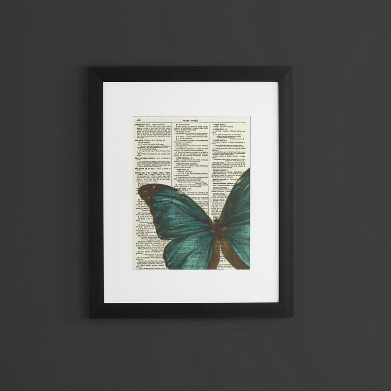 Emerald Green Butterfly Printed On An Antique Dictionary Page 125 Years Old, Blue Green Butterfly, Upcycled Art, Holiday Wall Decor image 6