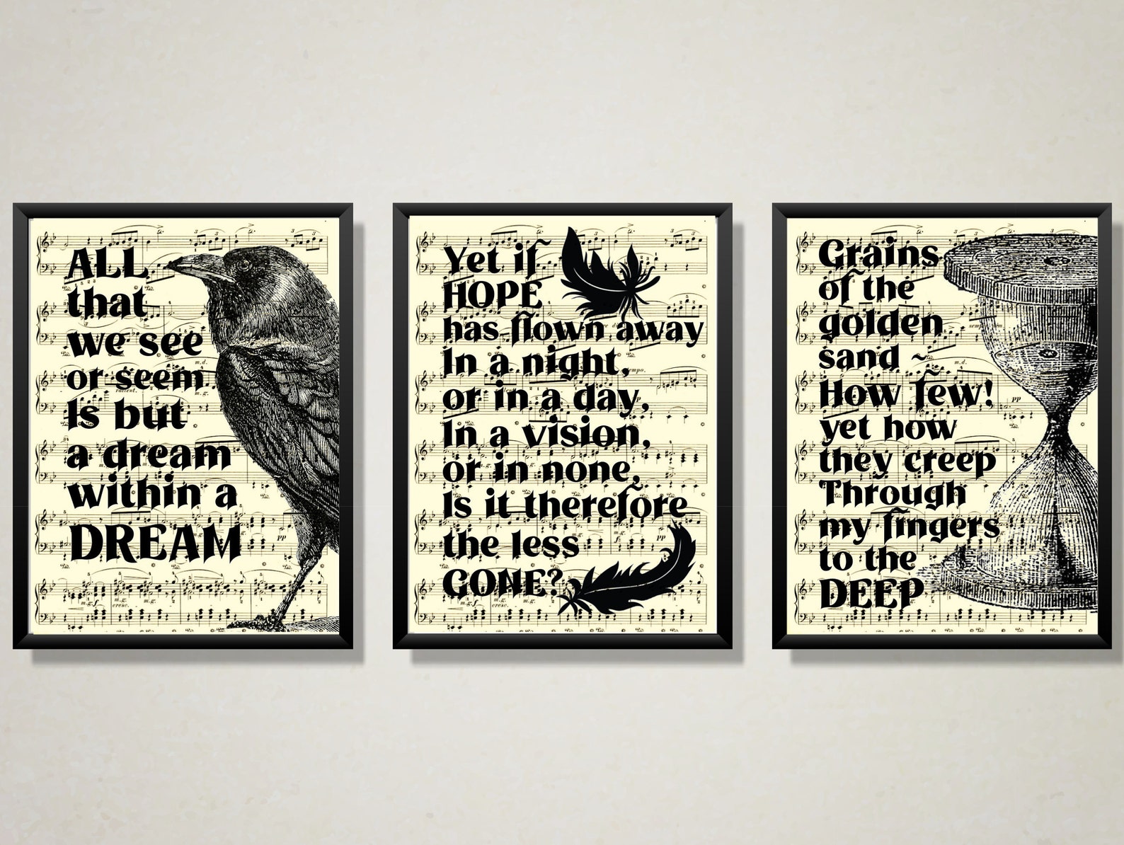 Edgar Allan Poe Art Print Trio: Upcycled Antique Music Pages, Gothic ...