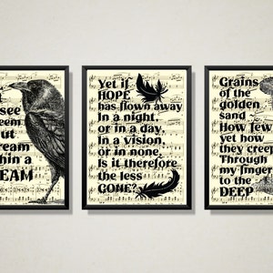 Edgar Allan Poe Dream Within A Dream Art Trio Printed On Upcycled Antique Music Pages, Dark Academia Gothic Home Decor, Literary Wall Art
