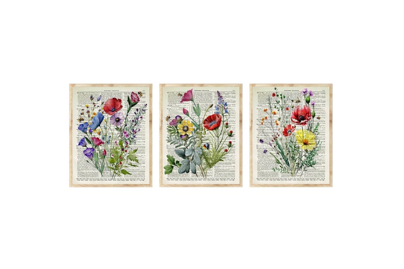 Watercolor Wildflowers Printed On 125 Year Old Dictionary Pages, Colorful Floral Wall Art Set Of 3, Botanical Decor, Farmhouse, Cottagecore image 1