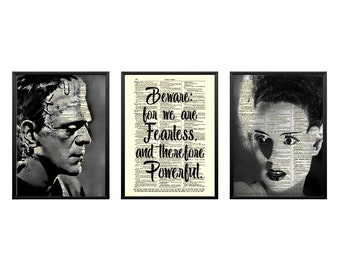 Frankenstein&#39;s Monster & Bride With Quote On Upcycled Antique Dictionary Pages, Gothic Home Decor, Dark Academia Print, Halloween Decor