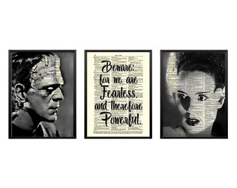 Frankenstein's Monster & Bride With Quote On Upcycled Antique Dictionary Pages, Gothic Home Decor, Dark Academia Print, Halloween Decor