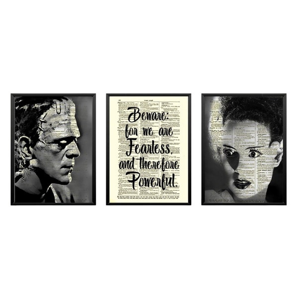 Frankenstein's Monster & Bride With Quote On Upcycled Antique Dictionary Pages, Gothic Home Decor, Dark Academia Print, Halloween Decor