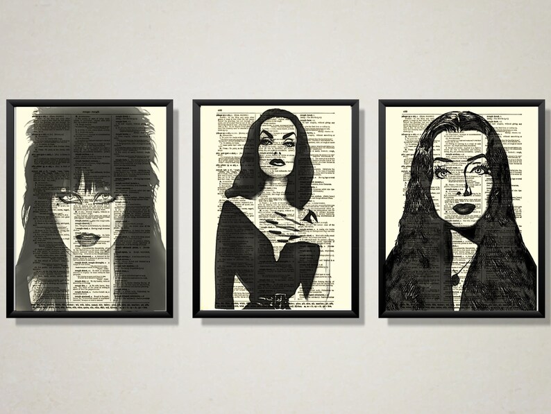 Gothic Women 2: Elvira, Vampira, & Morticia Addams Printed On 125+ Year Old Antique Dictionary Pages, Gothic, Dark Academia, Halloween Decor 